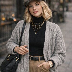 Cozy Grandpa Style • Chunky Cable Knit Cardigan • Neutral Grey Oversized